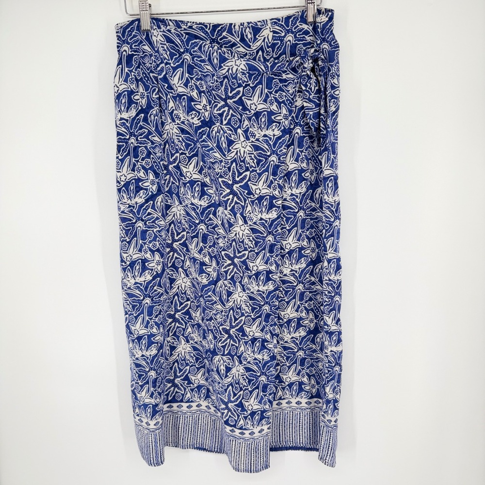 Nomadic Traders Wrap Midi Skirt Women Medium Blue Batik Floral Rayon Boho Summer